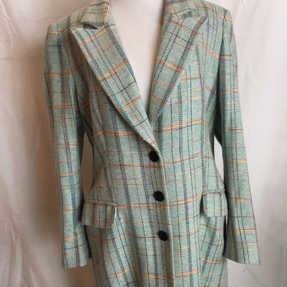 Jaeger wool blend plaid coat US12 blue aqua button - Picture 2 of 8